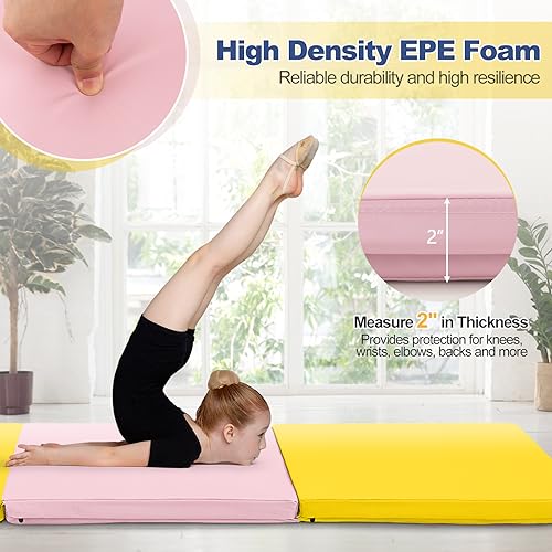 Goplus Folding Gymnastics Mat, 6’ x 2’ x 2’’ Thick Tri-Fold Exercise Tumbling Mat w/Carrying Handles, Hook & Loop Fastener, Gym mats for Home Fitness Yoga Aerobics Workouts Martial Arts - color: Yellow + Pink