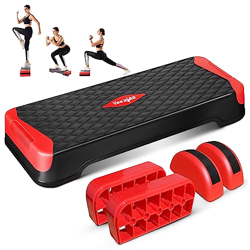 Yes4All 2-in-1 Adjustable Aerobic Step Platform Fitness Exercise Stepper with Rocker Balance Board Legs for Home Workout, Step Exercise & Balance Training - color: C. Red