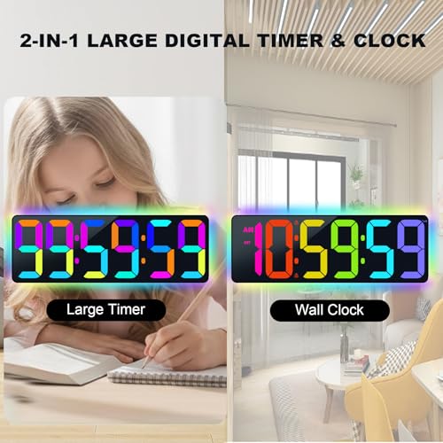 TXL 17.2" WiFi Digital Wall Clock with Seconds, Large Countdown Timer for Classroom Home Gym Office, Alarm Clock with Remote Control, RGB Ambient Lights, 4 Dimmable Brightness, Auto DST(RGB) - color: Rgb