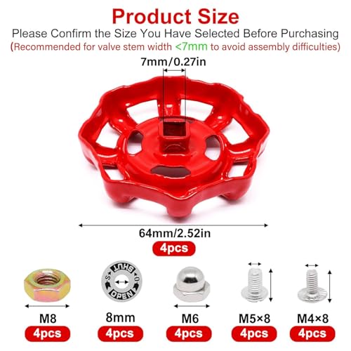 4 Pack Outdoor Faucet Handle, Faucet Handle Replacement, Cast Iron Faucets Round Wheel Handles, Replacement Water Spigot Handles with Screws Spacer 9/32 Inch x 9/32 Inch (7mm x 7mm) - color: Red, size: 7mm x 7mm (4pcs)