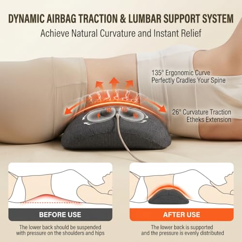 3-in-1 Cordless Lumbar Support Pillow with Heat, Vibration and Traction, Electric Lower Back Massager for Pain Relief Deep Tissue, Decompression Back for Chair, Bed, Car