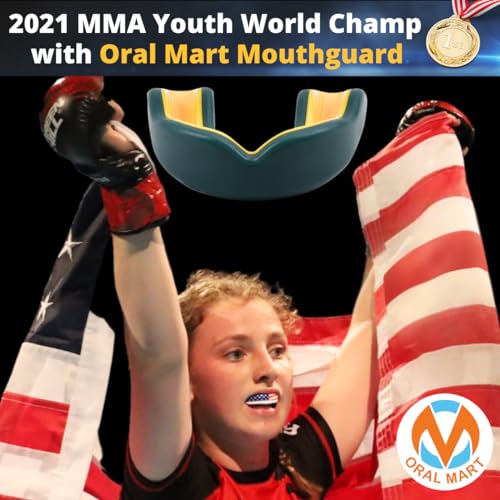 Oral Mart Youth Sports Mouth Guard for Kids (USA Flag, Fangs, 20+ Colors to Choose from) Mouthguard for Football, MMA, Karate, Boxing, Rugby, BJJ, Flag Football – /w Case (Youth, Strapless) - color: Green/Yellow