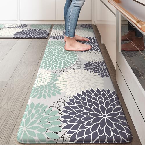 Anti Fatigue Kitchen Mats,Non Slip Boho Dahlia Kitchen Rugs Sets 2 Piece,Waterproof Farmhouse Kitchen Mat for Floor,Cushioned Standing Mat for Office,Laundry,Sink,Desk,Mutil-Cyan - color: Bluish Blue, size: 17.3" x 59 "+ 17.3" x 29 "--0.47 inches