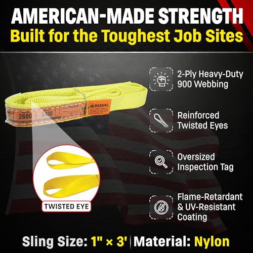 DD Sling 1 Inch x 3 Foot Nylon Lifting Sling – USA Made, 3,200 lb Vertical, 2,600 lb Choker, 6,400 lb Basket – 2-Ply Heavy Duty 900 Webbing, Type 4 Twisted Eye & Eye Rigging Sling - size: 1" x 3'