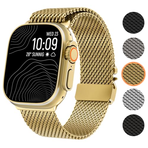 WINGLE Milanese Loop for Apple Watch Band Ultra 3/2/1 Band Ultra 49mm Series 11 10 46mm 45mm 44mm SE 3/2/1 Series 9 8 7 6 5 4 3 Men Women,Parachute-Style Buckle Stainless Steel Mesh Metal iWatch Bands - color: Gold