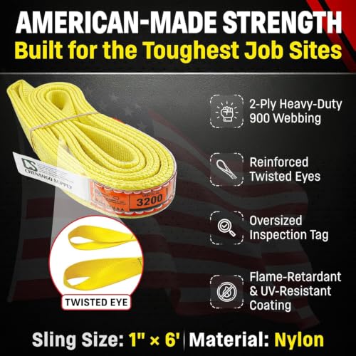 DD Sling 1 Inch x 6 Foot Nylon Lifting Sling – USA Made, 3,200 lb Vertical, 2,600 lb Choker, 6,400 lb Basket – 2-Ply Heavy Duty 900 Webbing, Type 4 Twisted Eye & Eye Rigging Sling, Safety Orange - size: 1" x 6'