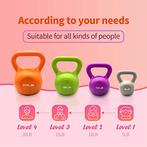 IFAST Kettlebell Sets, Strength Training Kettlebells Weight Set for Women, Vinyl Coated Kettle Bell for Home Gym Workout Weight Lifting Equipment, Comfortable Grip Wide Handle Weights 5lbs 10lbs 15lbs 20lbs, 4-Piece Total