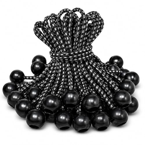 Heavy Duty Ball Bungee Cords 25lbs Breaking Strength, Stretches to 12 Inch, 50 Pcs 6 Inch Cords with Large 1-Inch Ball, UV Resistant Tarp Tie Downs for Canopy, Camping, Tents, Tarps, Black/White