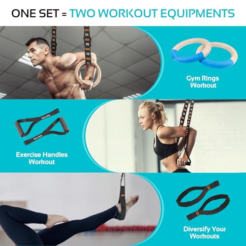 Vulken Wooden Gymnastic Rings with Adjustable Numbered Straps. 1.25'' Olympic Rings for Core Workout, Crossfit, Bodyweight Training. Home Gym Rings with 8.5ft Exercise Straps and Workout Handles.