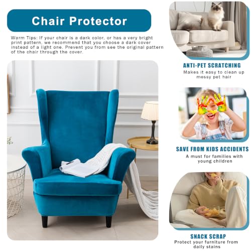 NILUOH Thick Velvet Wingback Chair Slipcovers 2-Piece, Stretch Wing Chair Covers Soft Sofa Slipcover Wing Back Armchair Cover Furniture Protector for Living Room - color: Cyan Blue