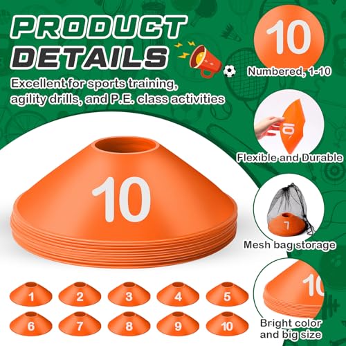 10 Pcs Numbered Sports Disc Cones 1-10 Soccer Cones with Mesh Carry Bag Flexible Agility Cones Soft Field Cones for Gym PE Classes School Activities Games, Sports Training Equipment - color: Orange