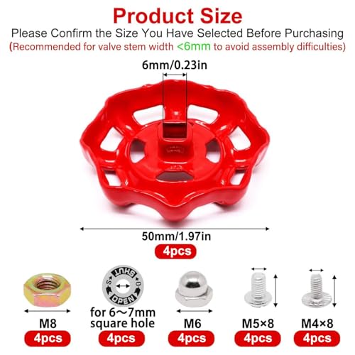 4 Pack Outdoor Faucet Handle, 6mm x 6mm (15/64" x 15/64") Square Stem Hole Faucet Handle Replacement, Cast Iron Round Wheel Water Spigot Handles Replacement with Screws Spacer (Red) - color: Red, size: 6mm x 6mm (4pcs)