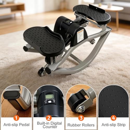 Rock Stepper Machine for Home Workout, 3D Lateral Rocking Fitness Stepper with 300lb Weight Capacity, Mini Stepper with Resistance Bands & LCD Monitor, Quiet Cardio Training Equipment