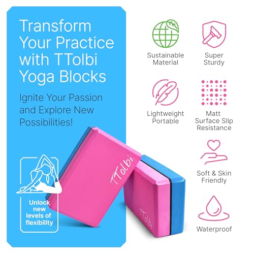 TTolbi Yoga Starter Kit - Yoga Blocks 2 Pack, Strap & 2 Knee Pad Cushions | Non-Slip EVA Foam Equipment for Stretching, Flexibility & Joint Comfort | Home Pilates Set for Beginners, Women & Men