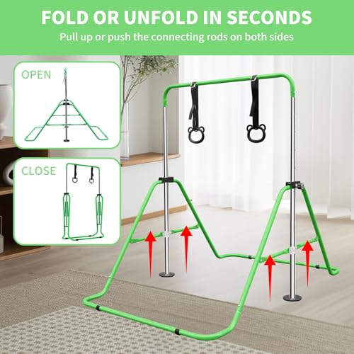 Gymnastics Bars for Kids with Rings, Junior Kip Training Bars Equipment for Home, Folding Height Adjustable Horizontal Bars - color: Green