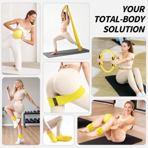 NANATI Pilates Kit, Home Pilates Workout Kit for Women, Pilates Equipment with 14.5" Pilates Ring and Ball, Resistance Bands, Ankle Weights, Sliders & Grip Socks for Home Workouts - color: Lemon Yellow
