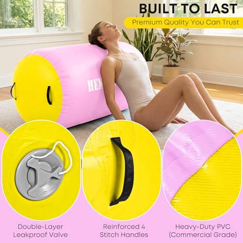 Inflatable Gymnastics Air Barrel Roller with Electric Pump, Heavy Duty PVC Tumbling Barrel Back Handspring Trainer, Air Tumble Track Mat for Home Gym, Cheerleading, Yoga Practice - color: Pastel Pink & Soft Yellow, size: 3.3'L x 2'D