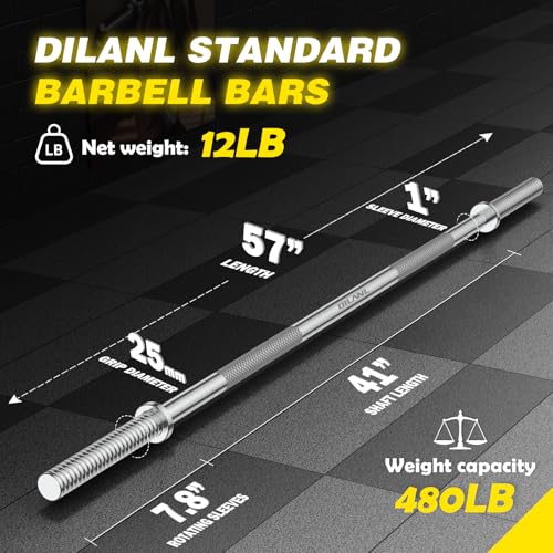 Weight Lifting Bar 57", 1" Standard Straight Barbell Bars Olympic Home Gym | Weightlifting/Strength Training/Squat/Bench Press/Deadlift/Lunges/Hip Thrusts, 2 Star Collars (480lb Weight Capacity) - color: Silver