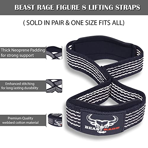 BEAST RAGE Heavy Duty Lifting Wrist Straps for Weightlifting, Figure 8 Loop Powerlifting Deadlift Strap Wraps Weights Padded Support Professional Fitness Gym Bodybuilding - color: White