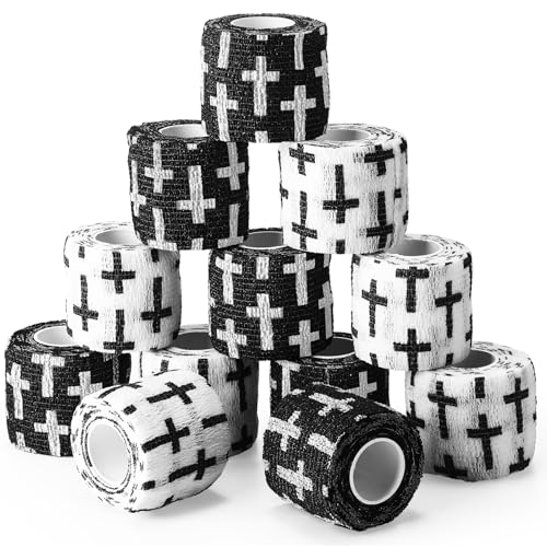 Geiserailie 12 Pack Christian Athletic Tapes 2 Inch x 5 Yards Self Adhesive Bandages Sports Wraps Breathable Elastic Wrap Non Woven Bandage for Wrist, Ankle, Baseball Football (White and Black) - color: White and Black