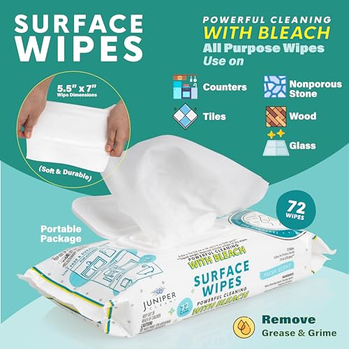 Juniper CLEAN 3 Pack Surface Cleaning Wipes with Bleach, All-Purpose Cleaner for Bathroom, Kitchen, Office, 216 Count Soft Flow, Fresh Scent, Lint Free & Durable - size: 72 Count (Pack of 3)