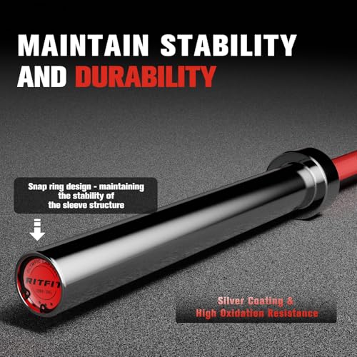 RitFit Elite 7ft Olympic Barbell, Robust 45lb Barbell for Weightlifting and Powerlifting, Superior Olympic Bar with Exceptional 500lbs Load Capacity, Weight Bar for 2” Standard Plates - color: Silver/Red, size: 7 ft 500 lb 45 lb without Collar