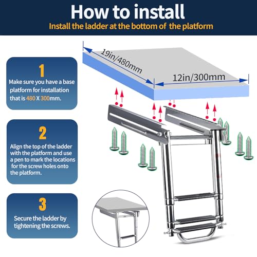 3-4 Step Ladder Under Platform Slide Mount Boat Boarding Ladder, Telescoping Ladder with a Carry Handle and Mounting Screws, Press-Type Spring Latch (3 Steps)