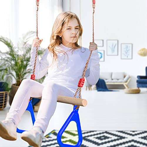 PELLOR Playground Children's Wooden Trapeze Swing Bar with Plastic Gym Rings Swing Set for Indoor & Outdoor Fun - color: Blue