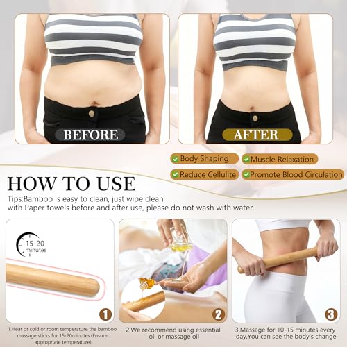 Bamboo Massage Sticks,Guasha Massage Roller Tool for Body Shaping & Relaxing Muscles 5pcs (0.78Inch*15Inch) - size: 0.78Inch*15 Inch