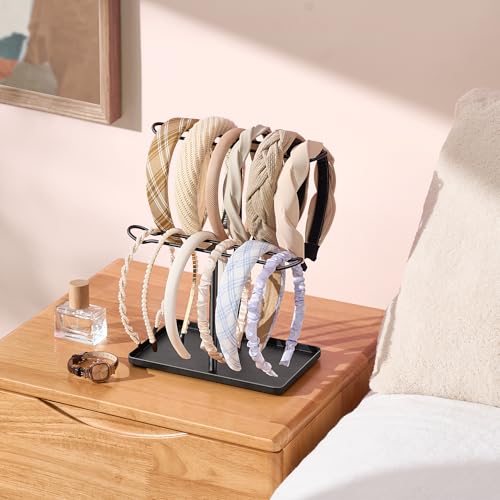 Headband Holder Organizer, 2-Tier T-bar Storage Stand with Tray for Hair Accessories Hairband Hair Clip, for Girls Women, Black - color: Black-black