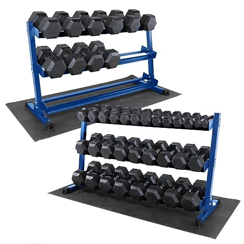 WF Athletic Supply Rubber Coated Hex Dumbbell Set, Multiple Choices Available - Dumbbells with Rack Stand and Mat, or Dumbbells Only (200/550/1200/2100/3000 LB) - color: i. 5 - 100LB w/ 3-tier BLUE Rack and Mat