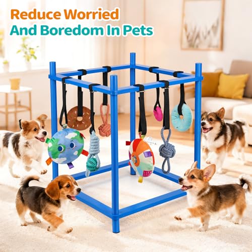 Wooden Puppy Play Gym for Small Dogs, Puppy Jungle Gym with 8 Hanging Toys, Wood Frame Indoor Puppy Gym with Dog Enrichment Toys for Puppies and Small Pets (Blue) - color: Blue