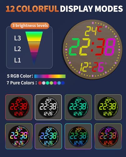 12" Large Digital Wall Mount Clock, Count Down Timer, Alarm, Big LED, 12 RGB Color, Temperature for Living Room Classroom Desk (Bamboo Elements) - style: Bamboo Elements