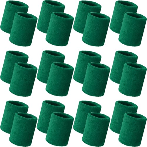 Bememo 24 Pcs Wrist Sweatbands Bulk Sports Wrist Bands for Men Women Breathable Athletic Tennis Wristbands Stretchy Absorbent Cotton Terry for Basketball, Baseball, Gym, Working Out - color: Dark Green