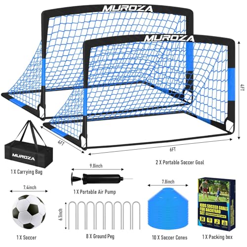 Soccer Goal, Kids Soccer Goals for Backyard Set, 2 Pack of Portable Pop Up Soccer Net with Soccer Ball, Cones, Complete Training Equipment for Youth, Toddler Outdoor Sports Games - color: Black Blue, style: 6 ft x 4 ft