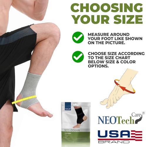 NeoTech Care Ankle Support Sleeve - Open Heel, Light, Elastic & Breathable Knitted Fabric - Medium Compression - For Men, Women, Kids - Right or Left Foot (Gray Color, Size M, 1 Pair) - color: Gray, size: Medium (1 Pair)