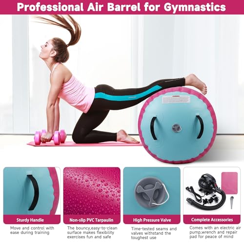 Air Barrel - Air Roller Gymnastics Barrel for Back Handspring Trainer, Air Tumble Mat with Pump for Gym Training/Yoga Balance Exercise/Cheerleading/Home and Outdoor Use - color: Pink+Green, size: 39.4x23.6inch