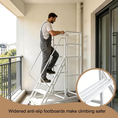 6 Step Rolling Warehouse Step Ladder, Industrial Mobile Staircase on Wheels, 1100Lbs Weight Capacity, Heavy Duty Mobile Platform Ladder with Handrails, Suitable for Warehouse, Library (White, 6 steps) - color: White