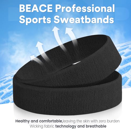 BEACE Sweatbands Sports Headband for Men & Women - Moisture Wicking Athletic Cotton Terry Cloth Sweatband for Tennis, Basketball, Running, Gym, Working Out - color: Black/White/Gray