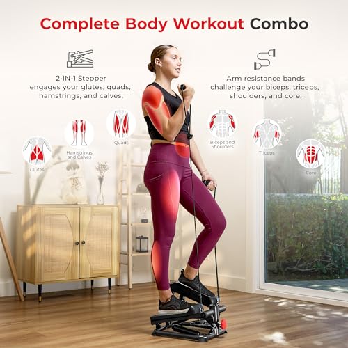 Sunny Health & Fitness Mini Steppers with Digital Monitor and Resistance Bands, Compact Low-Impact Cardio Machines for Home Workouts - color: Black