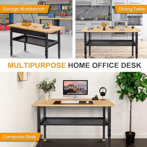48"/60'' Adjustable Workbench, Rubber Wood Work Bench | Heavy-Duty With Partition ,2000 LBS Load Capacity Hardwood Work table for Garage, Workshop - size: with partition, 48