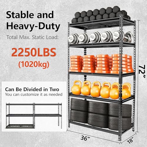 5-Tier Heavy-Duty Storage Shelves, 2250 LBS Load Steel Shelving Unit, Adjustable Boltless Garage Shelving, Sturdy Organizer for Garage, Kitchen, Gym, Shed (Black, 36''W x 18''D x 72''H) - size: 36''W x 18''D x 72''H