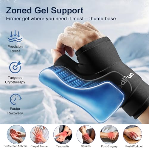 Wrist & Thumb Ice Pack Wrap- Upgraded Reusable Hot Cold Compress Hand Ice Pack for Carpal Tunnel Pain Relief, Tendonitis, Sports Injuries Swelling,Man&Woman, Size S/M,Black