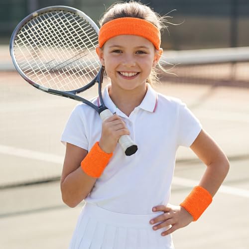 Sucrain 3 Pieces Sweatbands Set, 1 Pieces Sports Headband and 2 Pieces Wristbands,Wicking Sweat Head Band for Youth Womens Men - color: Orange
