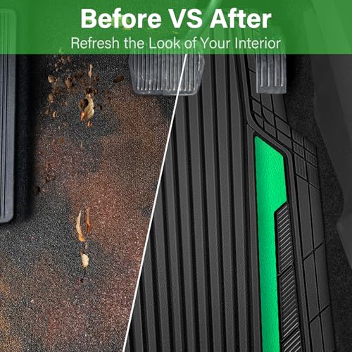CAR PASS Heavy Duty Rubber Car Mats Metallic,Aluminum Film All Weather Floor Mats Waterproof Universal Trim to Fit SUVs Sedans Vans 4 Piece Anodized Deep Dish Two-Tone Sporty Black Green Chrome - color: Black Green