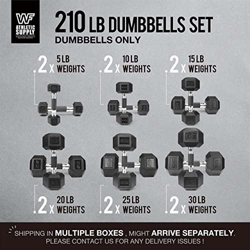 WF Athletic Supply Rubber Encased Hex Dumbbells with Rubber Grip Contoured Handle for Muscle Toning, Strength Building & Full Body Workout - color: u. 210LB Dumbbell Set Only (5LB-30LB)