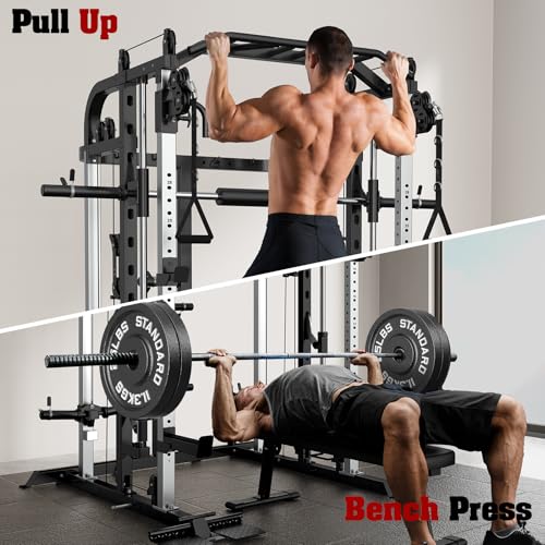 Smith Machine, Multifunctional Power Cage Rack with Smith Bar and Cable Pulley System, and LAT Pull Down Machine for Home Gym… - style: Power Cage with 240 Lbs Plates