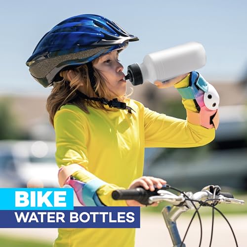 4E's Novelty Sports Water Bottles Bulk (12 Pack) 18 oz Squeeze Reusable Plastic White School Bike Water Bottle for Kids, BPA Free, Party Favor Giveaways, End of Year Student Gifts