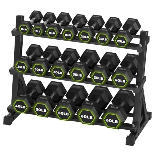 HANDBODE Rubber Coated Hex Dumbbell Set with Rack, 300-840 lb | Fixed Weights Sets with Heavy Duty Storage Stand, Multiple Weight Options Home Gym Equipment for Strength Training - style: 570 lb Set (10-60 lb) with Rack