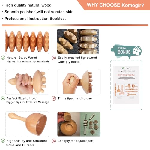 Komogir Wood Therapy Massage Tools 5-in-1 Lymphatic Drainage Massager Maderoterapia Kit Wooden Massager Body Sculpting Tools for Muscle Pain Relief, Anti-Cellulite, Body Contouring and Shaping